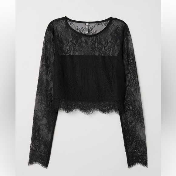 Medium H&M Divided Black Floral Lace Sheer Crop Top - Picture 10 of 10